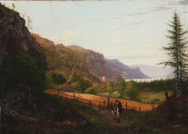 Landscape From Southern Germany With A Child And A Man Standing On A Forest Trail In The Foreground - view 1