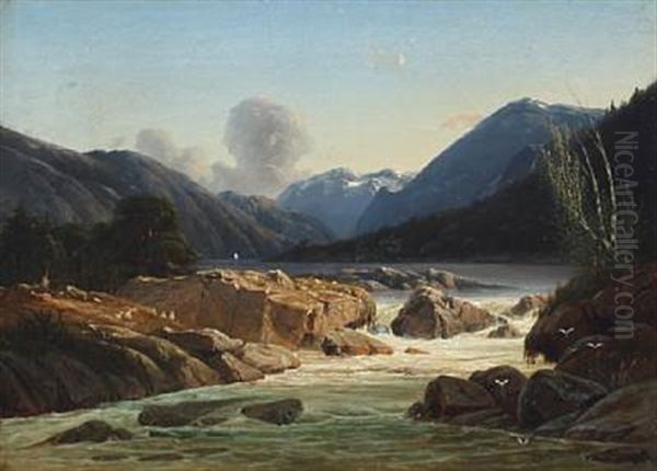 Mountain Scenery With A River, Shepherds And Sheep - view 1