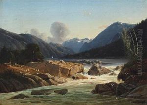 Mountain Scenery With A River, Shepherds And Sheep by Georg Emil Libert