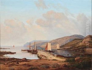Coastal Scene From Norway With Fishermen And Mountains In The Background by Georg Emil Libert