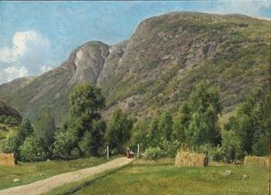 Summer Day In Norway With A Mother And Son Walking On A Path by Georg Emil Libert