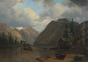 A View From Hardanger Fiord With Fishing Huts, Boats And People