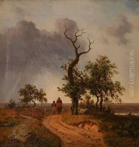 Autumn Lanscape With A Son And Mother Walking On A Road