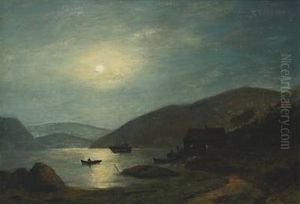 A Coastal Scene With Ship And Rowing Boat In Moon Light by Georg Emil Libert