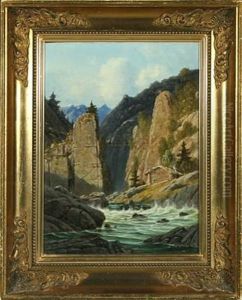 Mountain Landscape With Footbridge Over A River by Georg Emil Libert