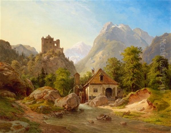 Gebirgslandschaft Mit Burg Und Wassermuhle - view 1