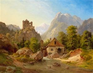 Gebirgslandschaft Mit Burg Und Wassermuhle Gebirgslandschaft Mit Burg Und Wassermuhle