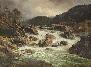 Norsk Fjeldlandskab Med Hytte Ved En Brusende Fos by Georg Emil Libert