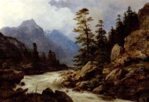 Brusende Fos I Norsk Fjeldlandskab by Georg Emil Libert