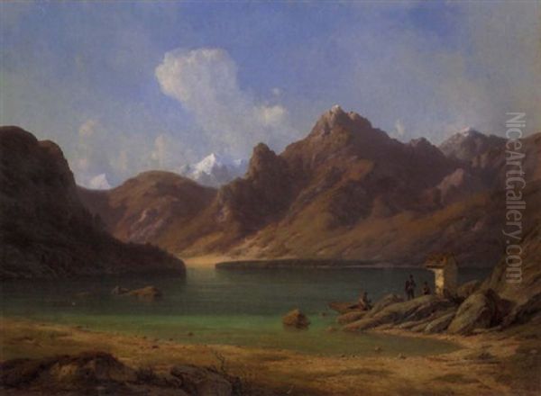 Norwegische Gebirgslandschaft Mit Bergsee, Im Vordergrund Bauern Vor Einem Gemauerten Bildstock - view 1