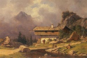 Figurer Ved En Bjerghytte I Tyrol by Georg Emil Libert