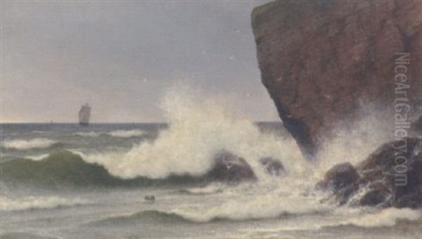 Braending Mod Klippekyst, I Baggrunden Sejlskib Pa Havet - view 1
