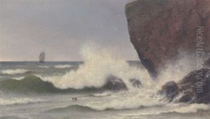 Braending Mod Klippekyst, I Baggrunden Sejlskib Pa Havet Braending Mod Klippekyst, I Baggrunden Sejlskib Pa Havet