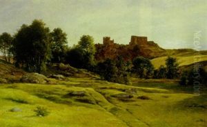 Udsigt Over Bornholmsk Landskab Med I Baggrunden Hammershus Udsigt Over Bornholmsk Landskab Med I Baggrunden Hammershus
