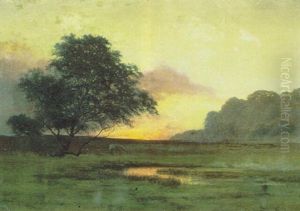 Landskap I Solnedgang, I Forgrunden Betande Far Landskap I Solnedgang, I Forgrunden Betande Far