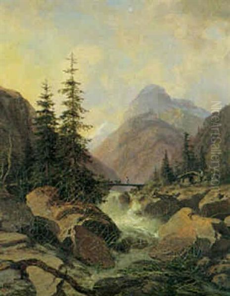 Norsk Landskab Med Brusende Fos - view 1