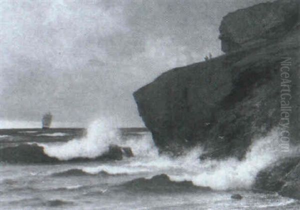 Kunstneren Siddende Pa En Klippe, Lovehovederne Pa Bornholm, I Baggrunden Sejlskibe - view 1