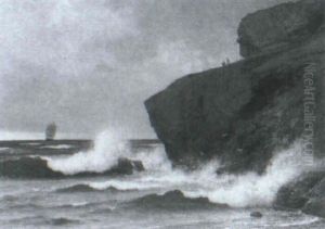 Kunstneren Siddende Pa En Klippe, Lovehovederne Pa Bornholm, I Baggrunden Sejlskibe by Georg Emil Libert