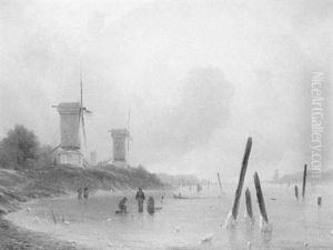 A Winter Landscape With Windmills by Georg Emil Libert