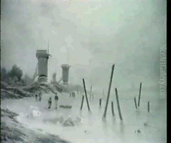 Hollandsk Kanalparti Med Moller, Vinter - view 1