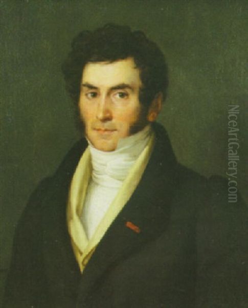 Portrait Of A Handsome Gentleman In Black With Red Lapel Ribbon - view 1