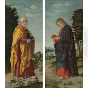 Saint Peter In A Landscape (+ Saint John The Evangelist In A Landscape; Pair) by Girolamo dai Libri