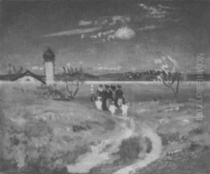 Spaziergangerinnen In Tracht Auf Dem Heimweg Von Der Kirche An Einem Bayerischen See by Hans Reinhold Lichtenberger