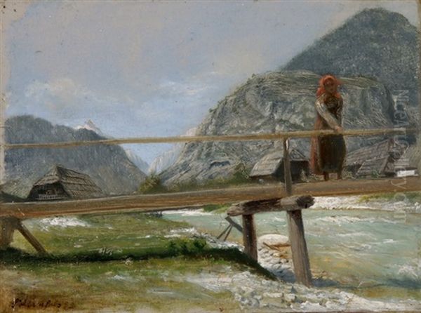 Madchen Auf Einer Brucke Vor Einer Gebirgslandschaft - view 1