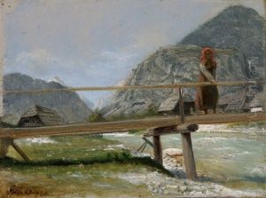Madchen Auf Einer Brucke Vor Einer Gebirgslandschaft Madchen Auf Einer Brucke Vor Einer Gebirgslandschaft