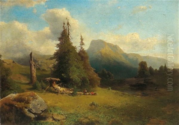 Gebirgslandschaft Mit Rastenden Wanderern - view 1