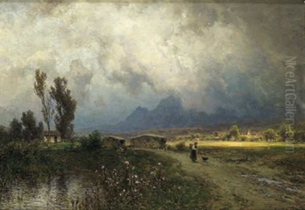 Wolkenverhangene Landschaft Mit Figurlicher Staffage - view 1