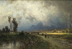 Wolkenverhangene Landschaft Mit Figurlicher Staffage