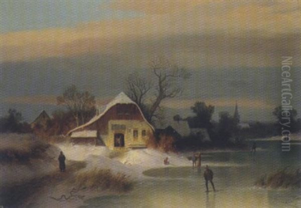 Winterlandschaft Mit Bauernhausern Am Flusufer - view 1