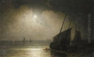 Fischerboote Auf Dem Chiemsee Bei Vollmond by Wilhelm Lichtenheld