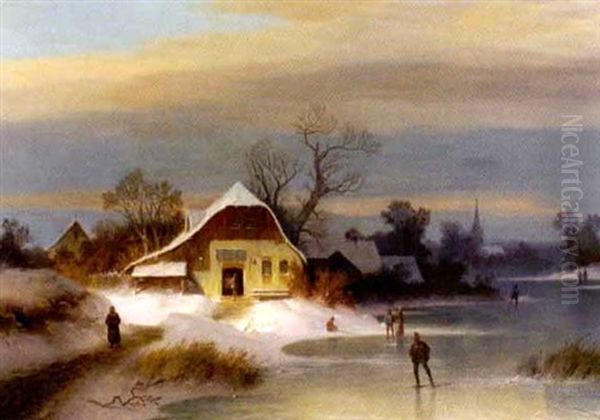 Winterliche Dorflandschaft Mit Eislaufern Am Zugefrorenen Fluss - view 1