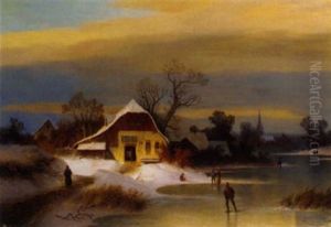 Skaters By A Village In A Winter Landscape Skaters By A Village In A Winter Landscape