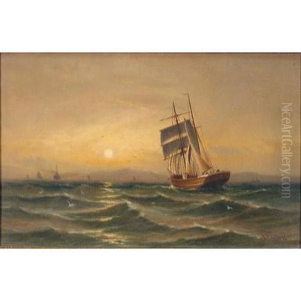 A Topsail Schooner Running Into The Sunset - view 1