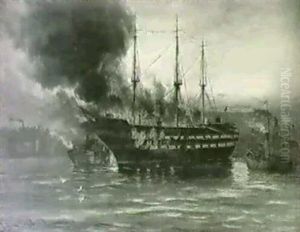 Wellesley Training Ship; Burning Of The Wellesley, March 11th 1914 by J(ohn) D(avison) Liddell