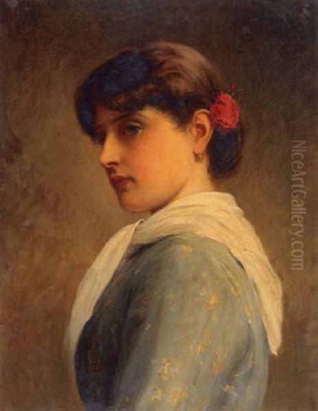 A Portrait Of A Young Woman With A Red Rose In Her Hair - view 1