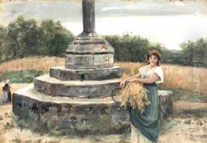 A Harvest Landscape With A Peasant Girl Carrying A Bundle Of Hay In The Foreground by Charles Sillem Lidderdale