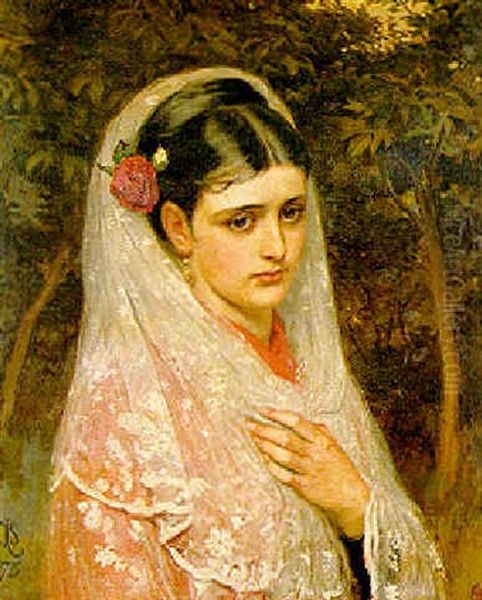 Girl With A White Lace Scarf And Roses In Her Hair - view 1