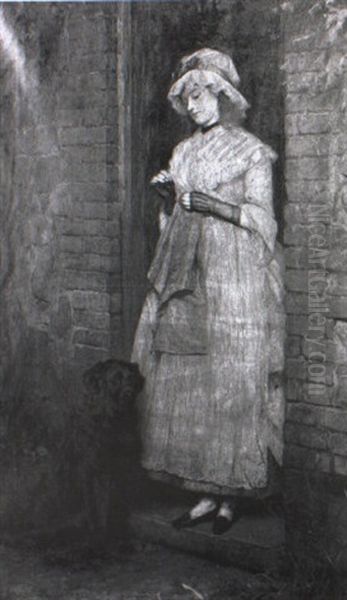 Young Girl Standing In A Cottage Doorway Sewing - view 1