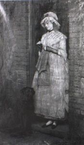 Young Girl Standing In A Cottage Doorway Sewing