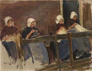 Nahende Madchen In Huyzen - Studie Mit Vier Figuren (hollandische Naherinnen) by Max Liebermann