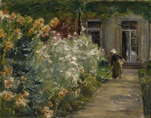 Gartnerin Vor Den Blumenstauden Am Gartnerhauschen Nach Osten (gardener In Front Of The Flower Gardens At The Gardener's Cottage To The East) by Max Liebermann