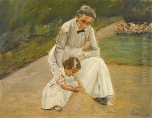 Enkelin Und Kinderfrau Beim Spiel Im Garten (the Artist's Granddaughter And Her Nurse Playing In The Garden)