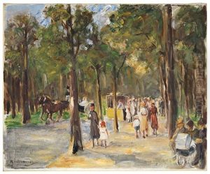 Allee Im Tiergarten Mit Spaziergangern, Einer Droschke Und Einer Strassenbahn by Max Liebermann