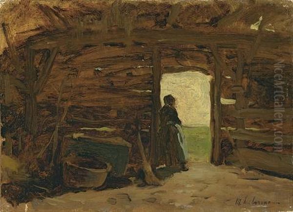 Bauersfrau In Einem Schuppen - Blick Aus Der Tur Auf Dunenlandschaft - view 1