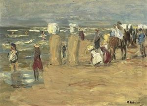 Badestrand In Scheveningen Mit Reitesel, Strandkorben Und Spielenden Kindern Badestrand In Scheveningen Mit Reitesel, Strandkorben Und Spielenden Kindern