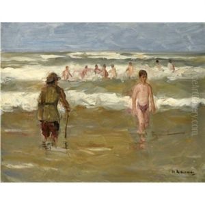 Badende Knaben Mit Strandwachter (boys Bathing With Beach Warden) by Max Liebermann